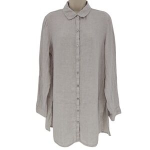 Tahari Women's 100% Linen Tunic Shirt SZ‎ M Light gray Roll Tab Preppy Lagenlook